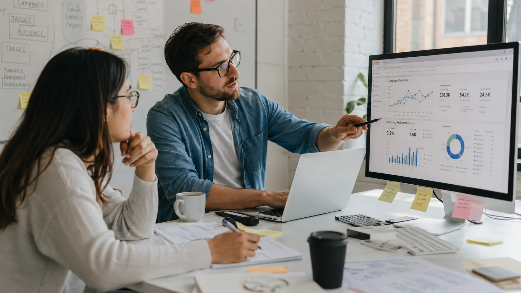 Healthcare marketing team analyzing PPC campaign performance on a monitor